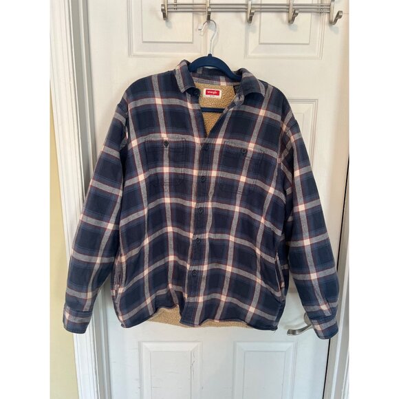 Wrangler Blue Plaid Sherpa Lined Button Down Shacket Men's Size Large - Picture 1 of 12